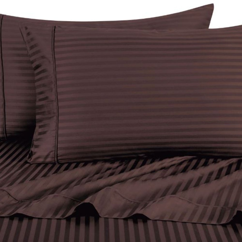 🆕100% Cotton Sateen Sheet Set 300 Thread Count Damask Striped - King-Chocolate